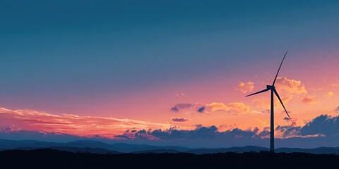 Obraz premium Wind turbine silhouette against vibrant sunset sky generating renewable energy source