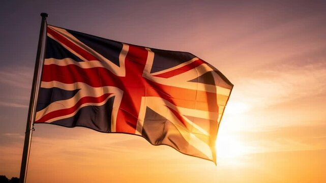 United kingdom union jack flag waving in the wind at golden sunset