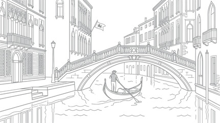 Venice Canal Bridge Gondola Outline Drawing - Italian Cityscape Sketch © Duki