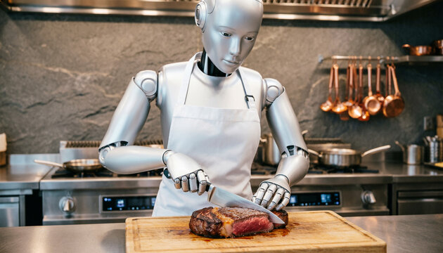 Futuristic silver humanoid robot chef slicing grilled beef steak on a wooden board in commercial kitchen