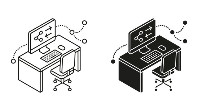 Isometric remote office desk with computer screen and data connection icons