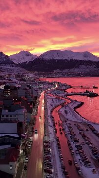 Church At Ushuaia Fin Del Mundo Argentina. Aerial View Of A Bustling Downtown Cityscape With Modern Buildings. Snowy Lake Glacial Lake Snow Capped. Snowy Nature. Ushuaia Fin del Mundo.