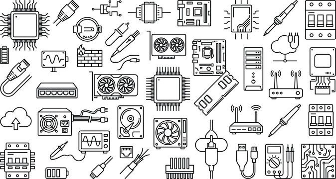 Set of black linear computer hardware engineering components and electronic microchip processor icons on white background.