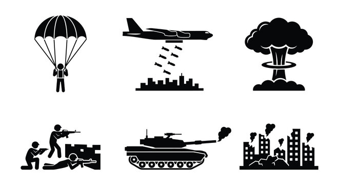 Military Warfare Silhouettes Flat Vector Illustration On White Background