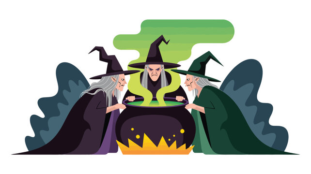 Three old witches gather around a bubbling cauldron brewing a magic potion