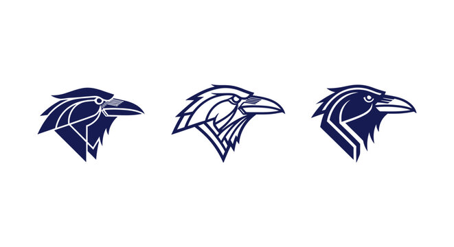 Three stylized blue raven head silhouettes design.