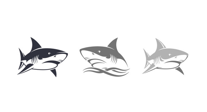 Three stylized shark illustrations in motion.