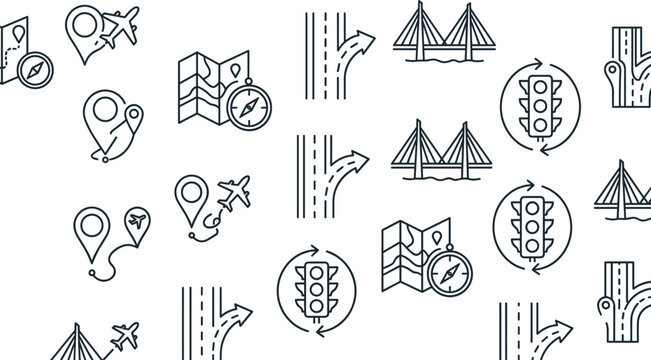 Set of grey linear navigation map icons for travel routing and city transit logistics.