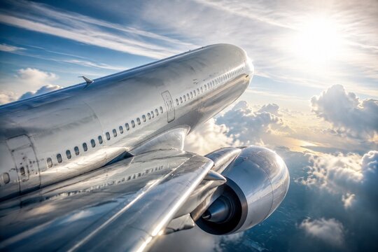 A commercial airliner soaring through cloudy skies, its silver wings gleaming in sunlight with dynamic motion.