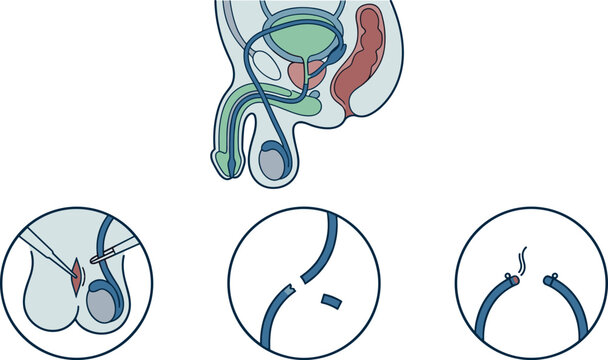 Vasectomy Surgery Procedure Infographic Diagram Showing Male Reproductive Anatomy and Step by Step Steps of Cutting and Cauterizing Vas Deferens with Blank Labels