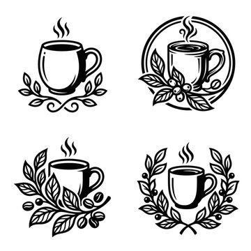 Black line art coffee cups icons.