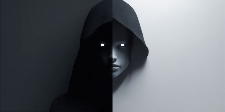 Mysterious figure in dark hooded cloak with illuminated eyes against contrasting background