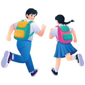 MPLS Illustration. Illustration of a boy and girl running with colorful backpacks during their first days of school and orientation activities. Isolated on background