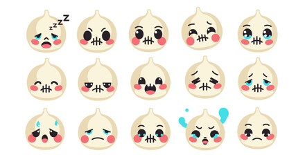 Fototapeta premium Cute Garlic Emoji Set with Various Kawaii Expressions