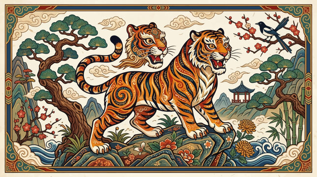 A vibrant traditional Korean folk art painting featuring a majestic two-headed tiger amidst a serene landscape with pine trees, cherry blossoms, and a pagoda.