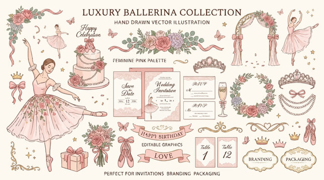 A charming collection of hand-drawn princess and ballet themed elements including a carriage, castle, tiara, ballet shoes, tutu, magic wand, and floral decorations.