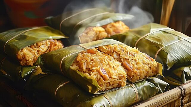 Rice dumplings wrapped in banana leaves, some open, steaming on wood