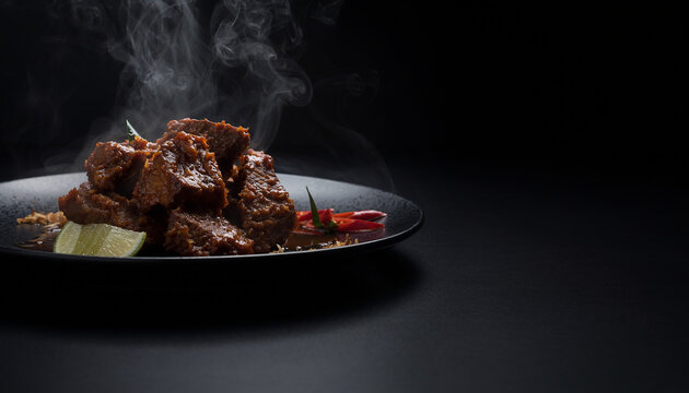 Spicy beef rendang with steam rising. suitable for food blogs, restaurant menus, and social media posts.