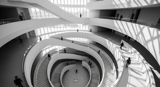 People walking on spiral stairs in a modern bright office building