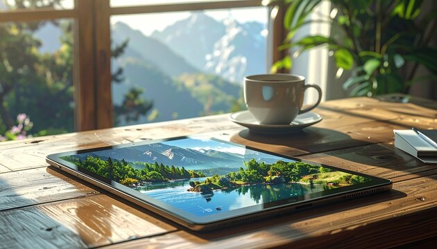 A cup of coffee rests on a wooden table beside a tablet displaying a mountainous landscape view. A bright window looks out