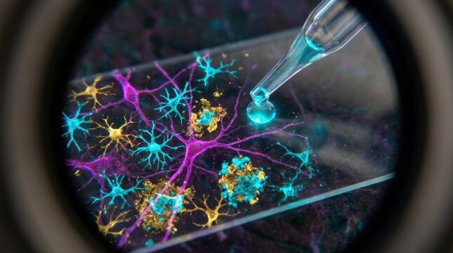 A fluorescence microscope view shows activated microglia surrounding neurons, scattered amyloid plaques, and a laboratory pipette adding a reprogramming reagent to a glass slide, with cyan, magenta