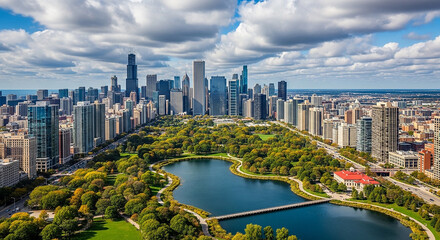 Fototapeta premium Aerial view of chicago city skyline with a green park and lake