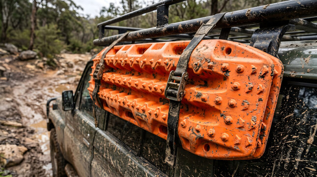 Bright orange recovery traction boards strapped to the side rack of a muddy off-road 4x4 vehicle on a rough dirt trail