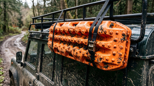 Bright orange recovery traction boards strapped to the side rack of a muddy off-road 4x4 vehicle on a rough dirt trail