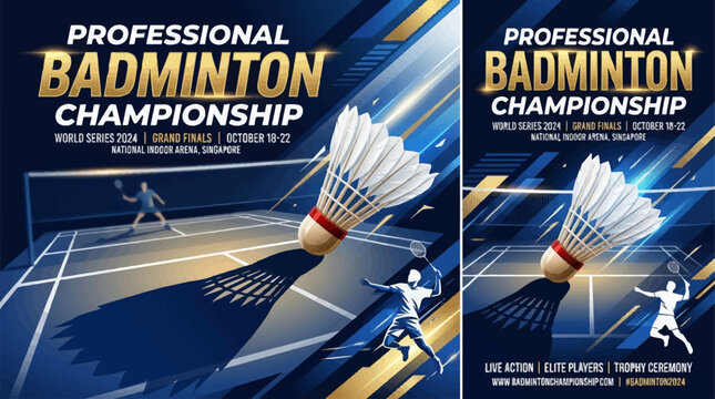 A vibrant blue and gold poster promoting the Professional Badminton Championship 2024, featuring players on a court and a large shuttlecock.