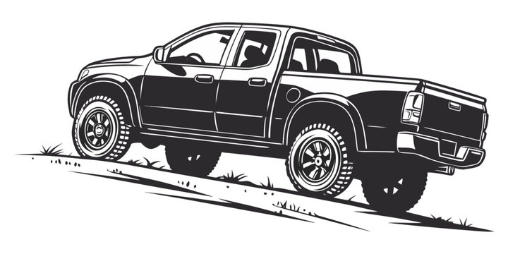 Black and white illustration of a pickup truck on a slope