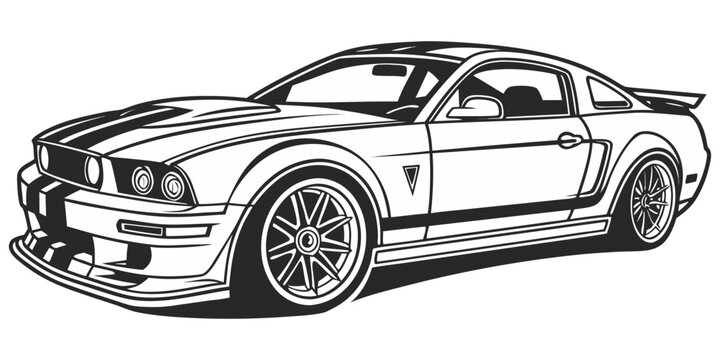 Black and white illustration of a ford mustang sports car