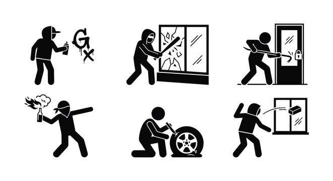 Vandalism Scenes Black Silhouette Vector Illustrations On White Background