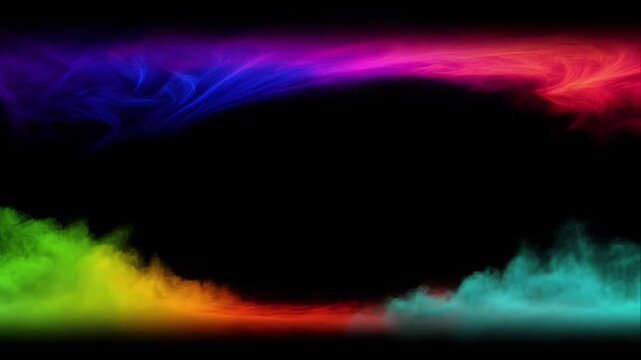 Colorful smoke cloud background frame with abstract gradient wave design on dark space dreamy atmosphere vibrant rainbow fog texture backdrop for art banner and modern digital wallpaper design
