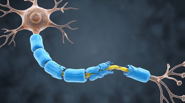 3D Render of a Motor Neuron Showing Myelin Sheath Damage in Multiple Sclerosis