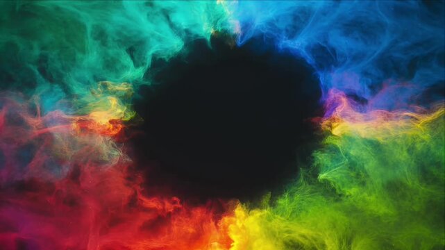 Colorful smoke cloud background swirl rainbow ink vortex around dark center creating abstract energy vortex with vibrant texture border frame and dreamy painting effect for banner or presentation art