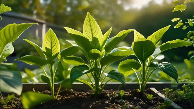 Close up of rapid vegetative growth in a plant life cycle showing vibrant green leaves developing in a sunlit garden setting