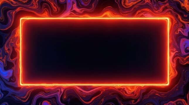 Glowing neon rectangular frame with abstract liquid fire background