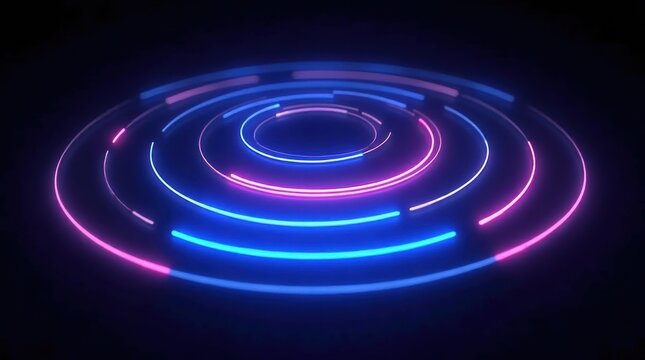 Abstract neon circular light lines glowing in dark space background