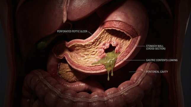 Labeled Cross-Section View of a Perforated Stomach Wall