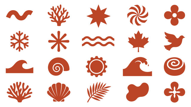 Nature elements vector clipart set with coral, leaf, wave, snowflake, shell, and star icons