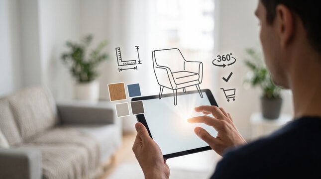 Man using augmented reality app on tablet to visualize furniture placement, virtual shopping experience with 3d chair model and color swatches in living room setting