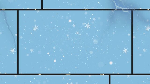 Snowflakes drift across a light blue background framed by a dark rectangular grid pattern.