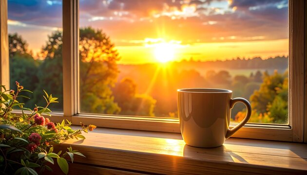 A cup of coffee sits on a window sill with a vibrant sunrise. The sun bursts through trees and clouds