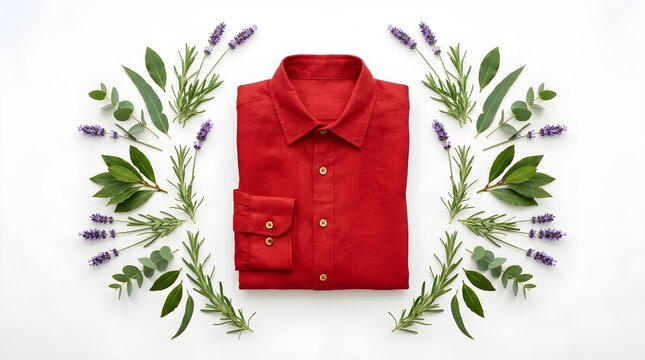 Red shirt with lavender and green leaves arrangement