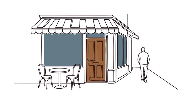 Continuous line drawing of a charming small cafe exterior.