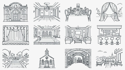 Obraz premium Industrial Sketch Style Illustrations of Elegant Venues Grand Buildings Luxury Dining Bars Churches and Outdoor Spaces