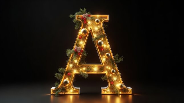 Large golden letter a with bright glowing light bulbs for festive decor