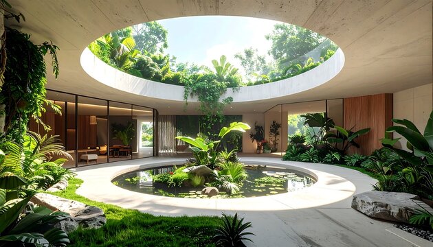 Stunning modern subterranean home interior featuring a lush tropical biophilic courtyard beneath a massive circular skylight. 