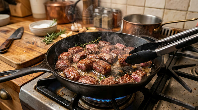 Tender wagyu beef cubes being seared to perfection in a cast iron skillet on a stovetop