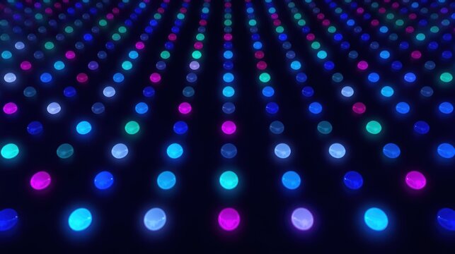 Abstract background with glowing blue and pink neon dots in perspective